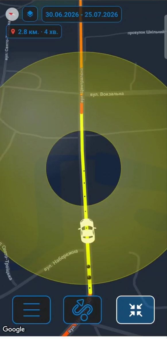 Екран навігації Safe Road з маршрутом та інформацією про дорогу